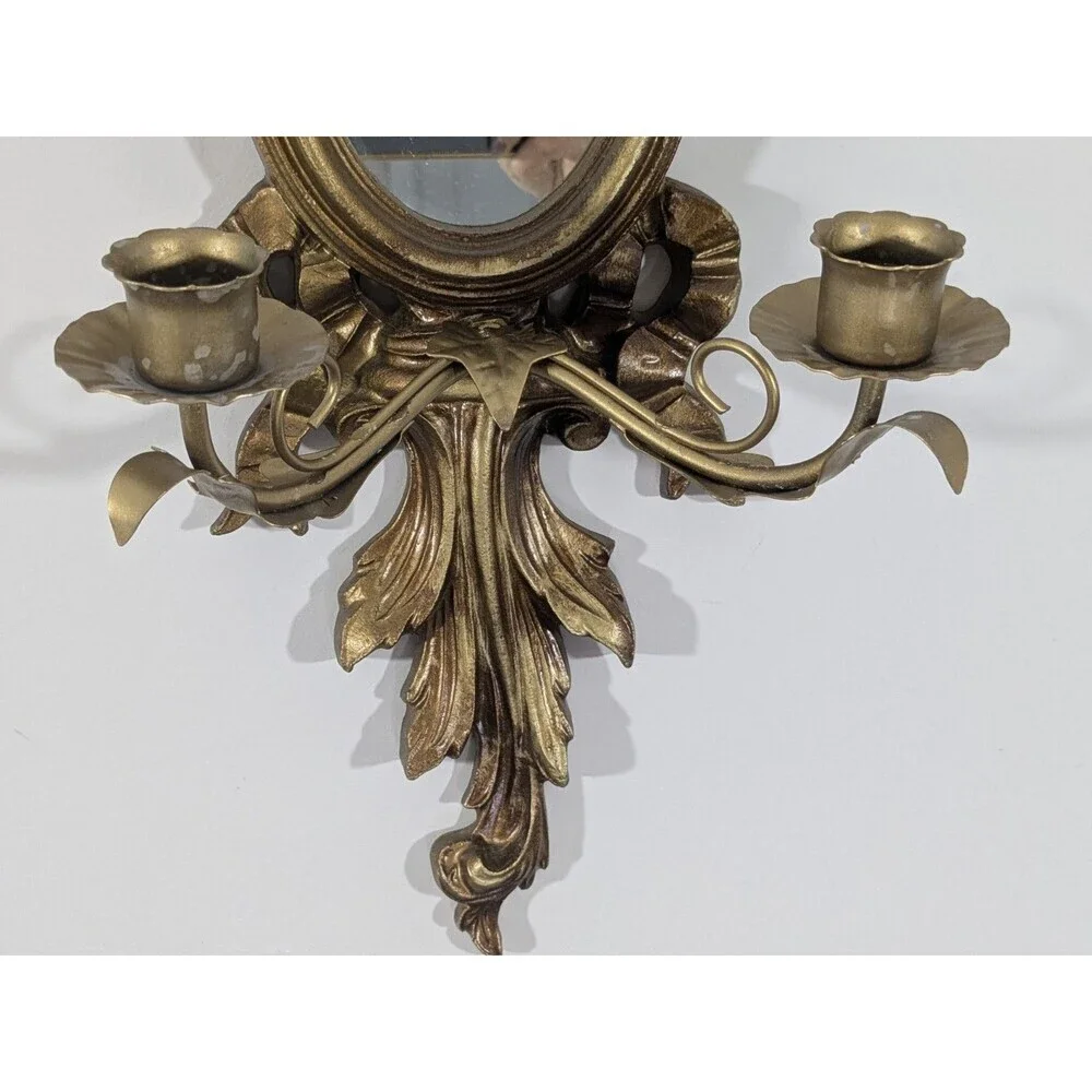 Vintage Italian Giltwood Bow Top Botanical Decor Mirror Two Candle Wall Sconce